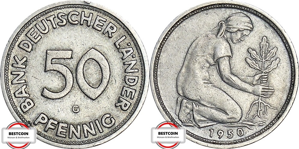 50 Pfennig 1950 J Bank Deutscher Länder Wert BRD 50 Pfennig 1950 G J 379 - Bank Deutscher Länder SS+ | MA-Shops