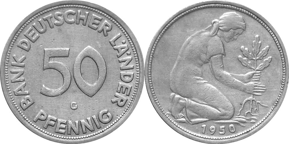 BRD 50 Pfennig 1950 G J 379 Bank deutscher Länder fast VZ