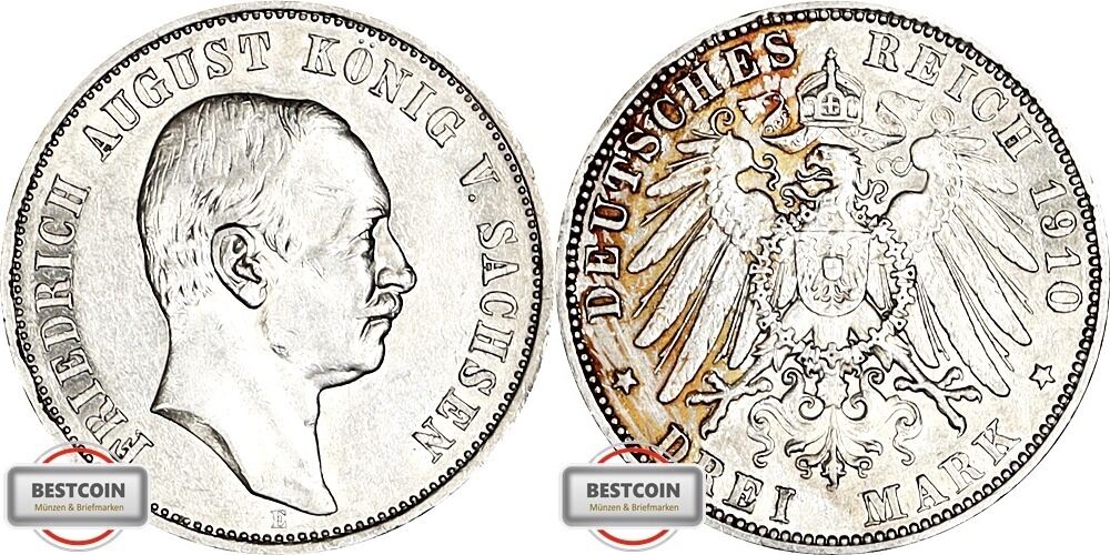 SACHSEN 3 Mark 1910 E J 135 geprägt unter König Friedrich August III