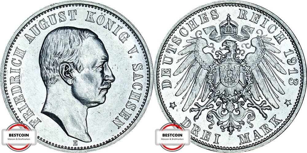 SACHSEN 3 Mark 1913 E J 135 geprägt unter König Friedrich August III