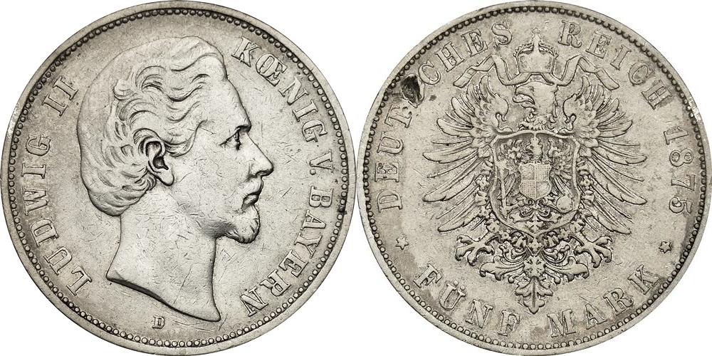 5 Mark 1875 D BAYERN J 42 - geprägt unter König Ludwig II. SS Fehler