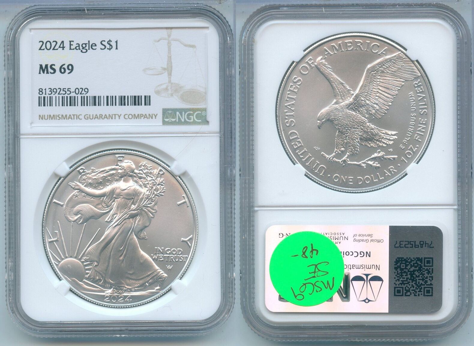 Anlagemünzen Dollar 2024 American Eagle 1 oz Silver NGC MS69 KR298