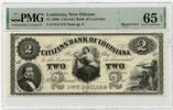 US Paper Money  1860s $2 Citizens Bank Louisiana Currency Note PMG 65 EPQ Gem Unc Remainder Q637