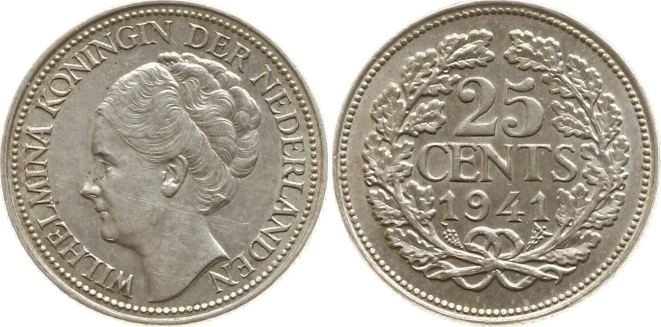 Niederlande, Königreich 25 Cent 1941 Wilhelmina, 1890 1948 Vorzüglich