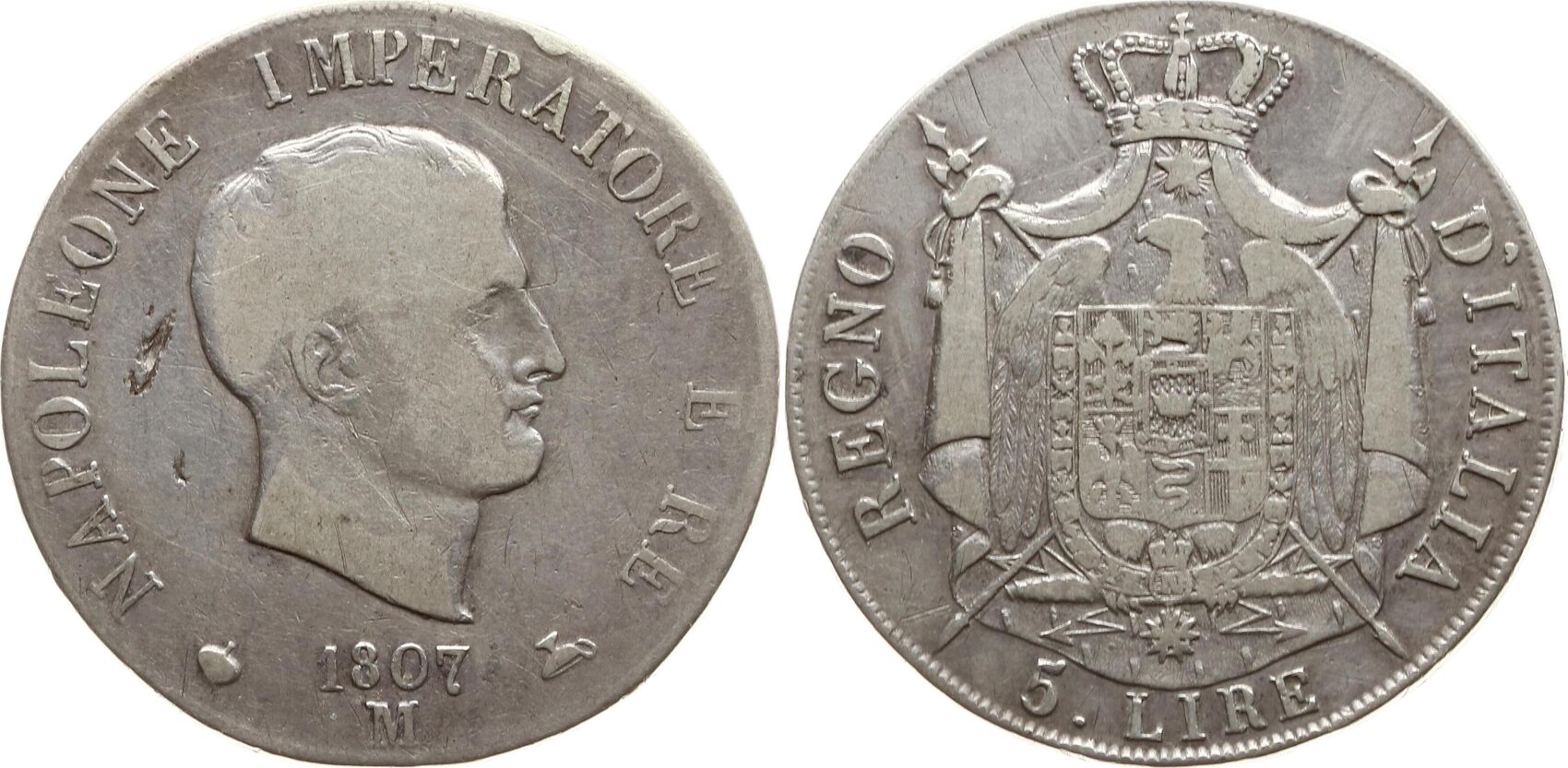 Italien, Königreich 5 Lire 1807 M Napoleon I., 1804 1814, Mailand