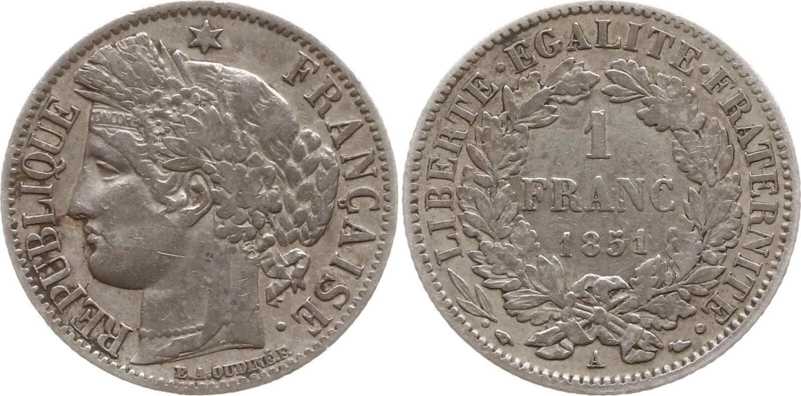 Frankreich, 2. Republik 1 Franc 1851 A Paris, Typ Cérès Sehr schön MA
