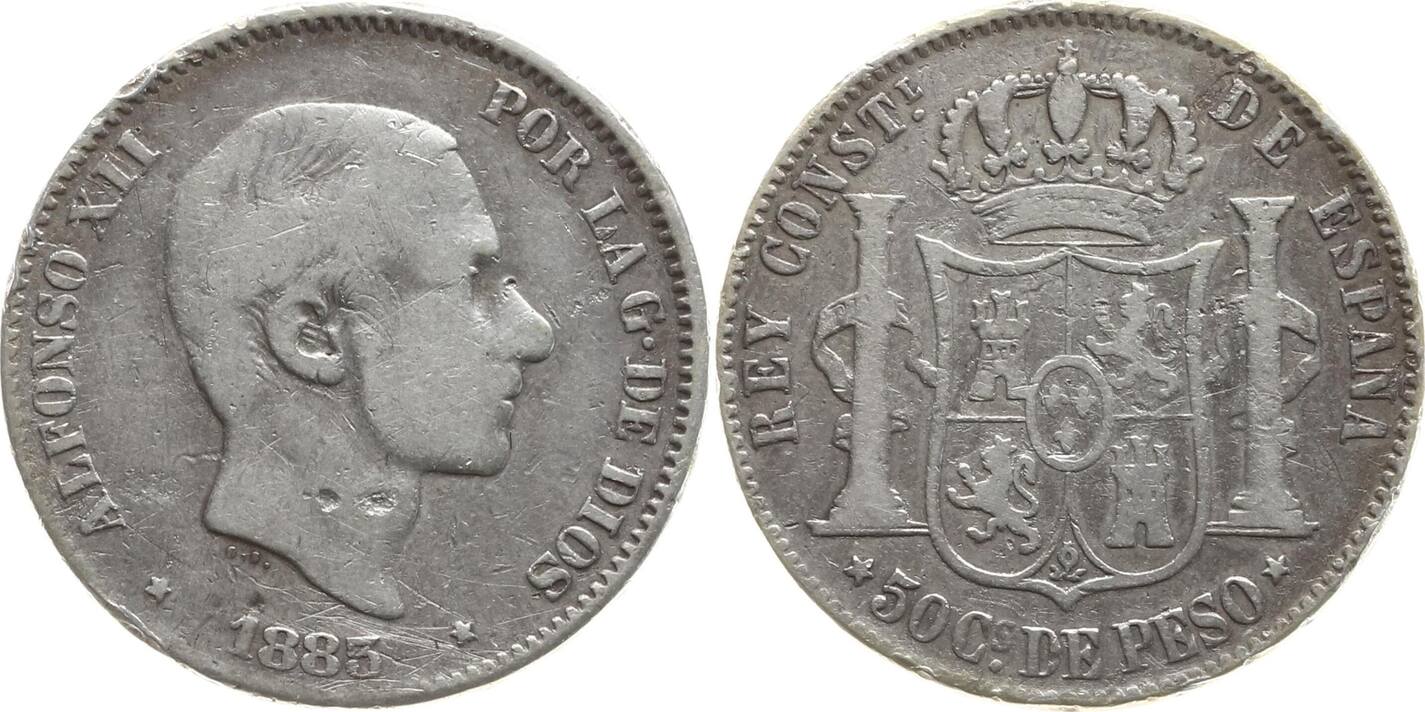 Philippinen 50 Centavos 1885 Alfonso XII. von Spanien, 1874 1885