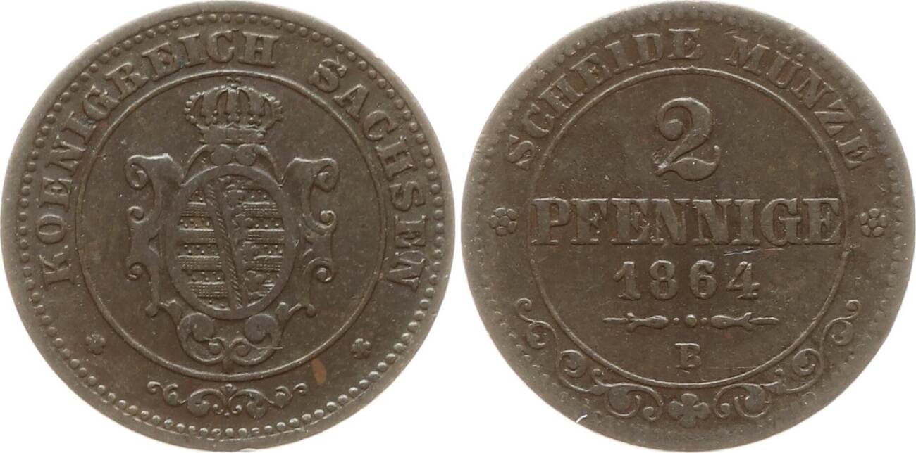 Sachsen, Königreich 2 Pfennig 1864 B Johann, 1854 - 1873 Sehr Schön ...