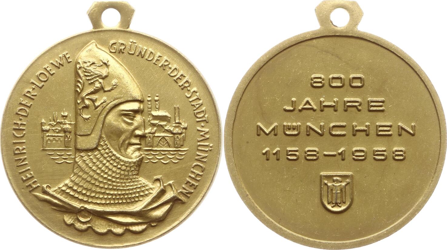 München, Stadt Tragbare Gelbbronzemedaille 1958 800. Stadtjubiläum, Heinrich der Löwe Vorzüglich