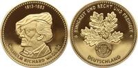 Berühmte Personen - Musiker und Komponisten Vergoldete Bronzemedaille auf Richard Wagner, 1813 - 1883, Brustbild mit Barett n.l. / Eichenlaub -