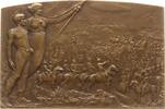 Frankreich, 3. Republik Jugendstil - Bronzeplakette v. Legastelois, Schlachtenszene: Kavallerie, Kriegsschiff, Flugzeug u. Zeppelin -