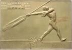 Belgien Große einseitige Bronzeplakette La Presse Sportive Belge APBJS, 31.12.1944, M. Jules Hanse, Sportler wirft Feder -