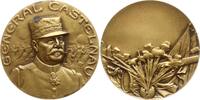 Frankreich, 1. Weltkrieg Große Bronzemedaille von Huguenin, auf General Castelnau, Blumen sprießen aus Kanonenkugel -