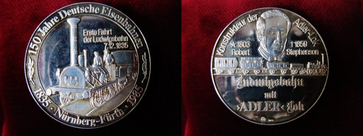 Medaille 1985 Eisenbahn Silber, 150 J. Deutsche Eisenbahn 1835 Nürnberg