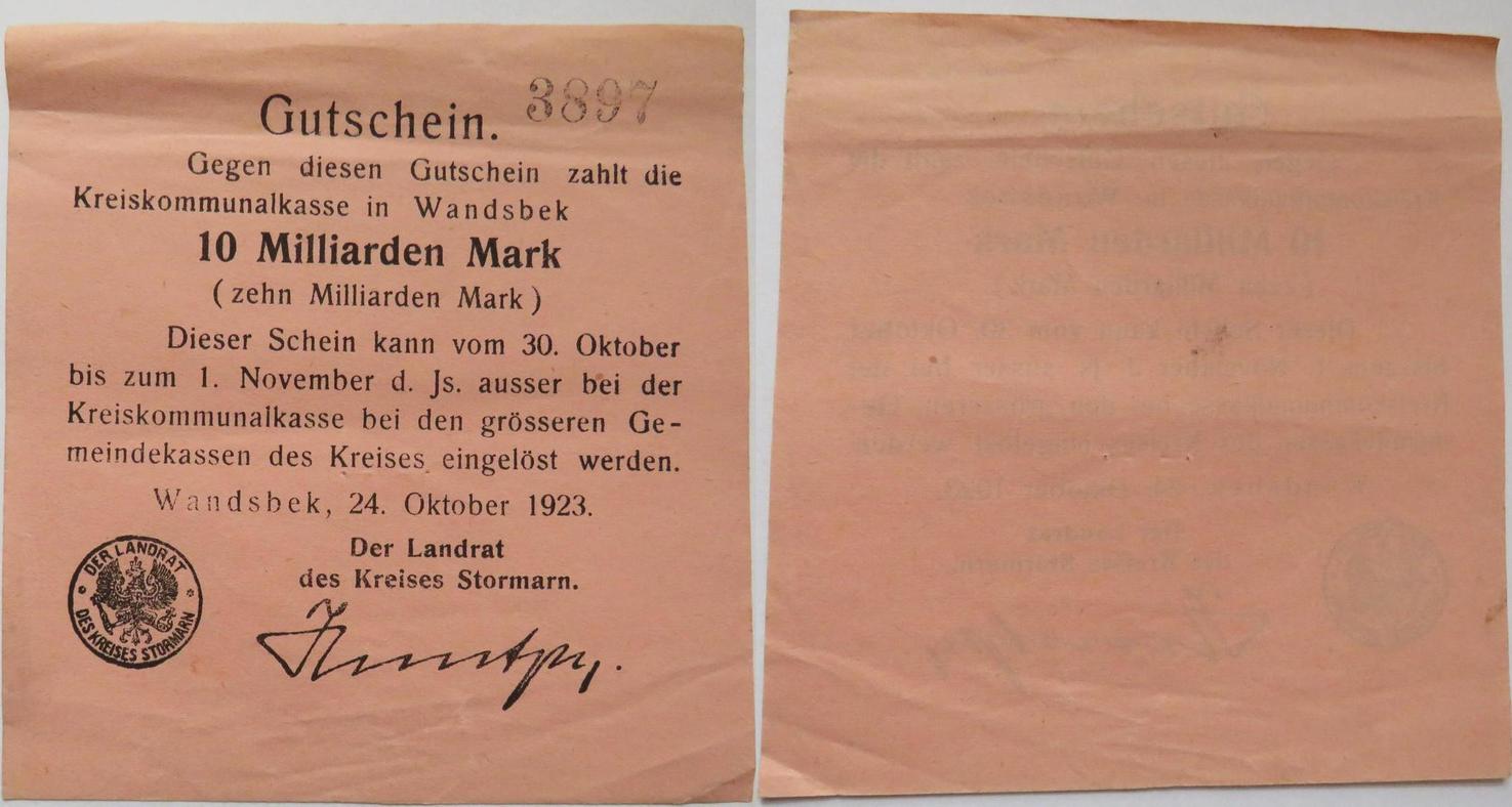 10 Milliarden Mark 1923 Wandsbek, Stormarn, Schleswig ...