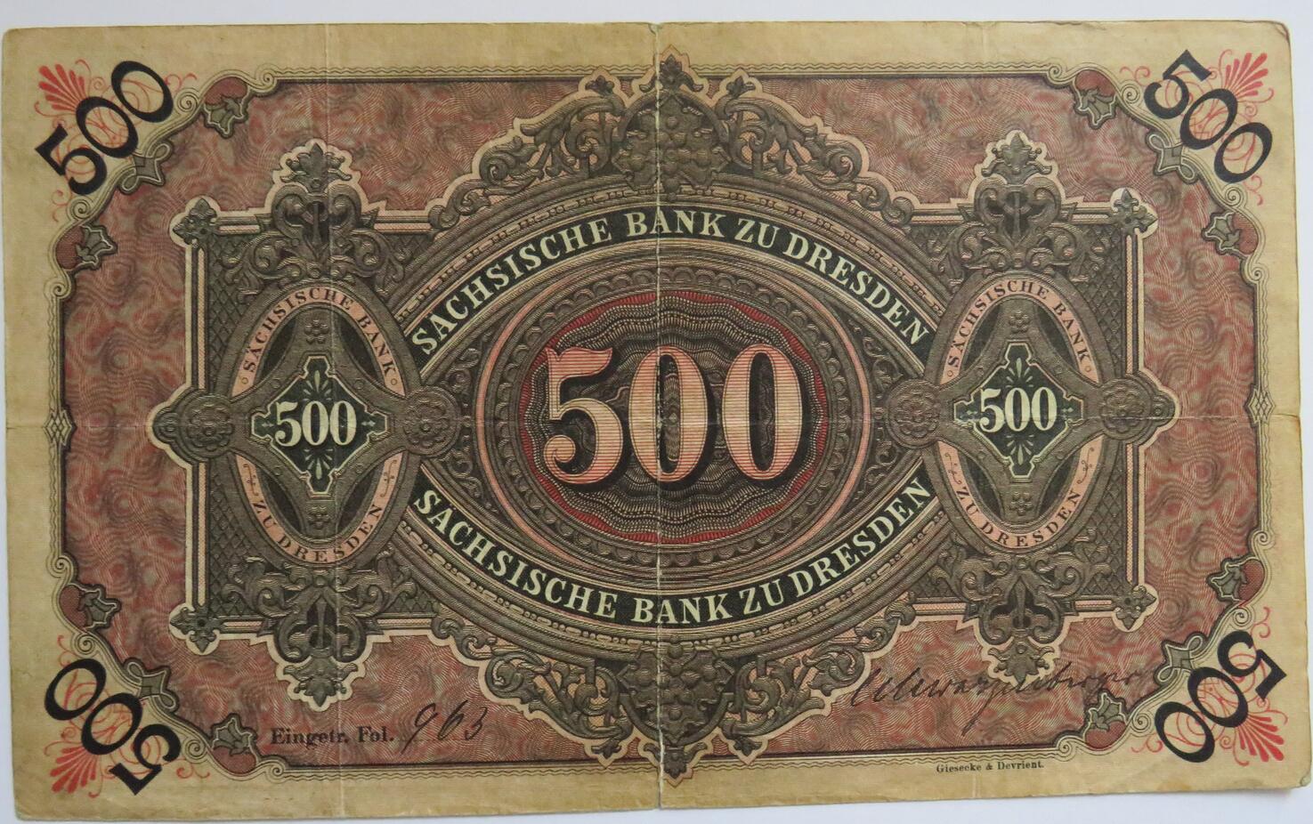 Deutsche Länderbanknoten 500 Mark 1890 Sächsische Bank zu ...