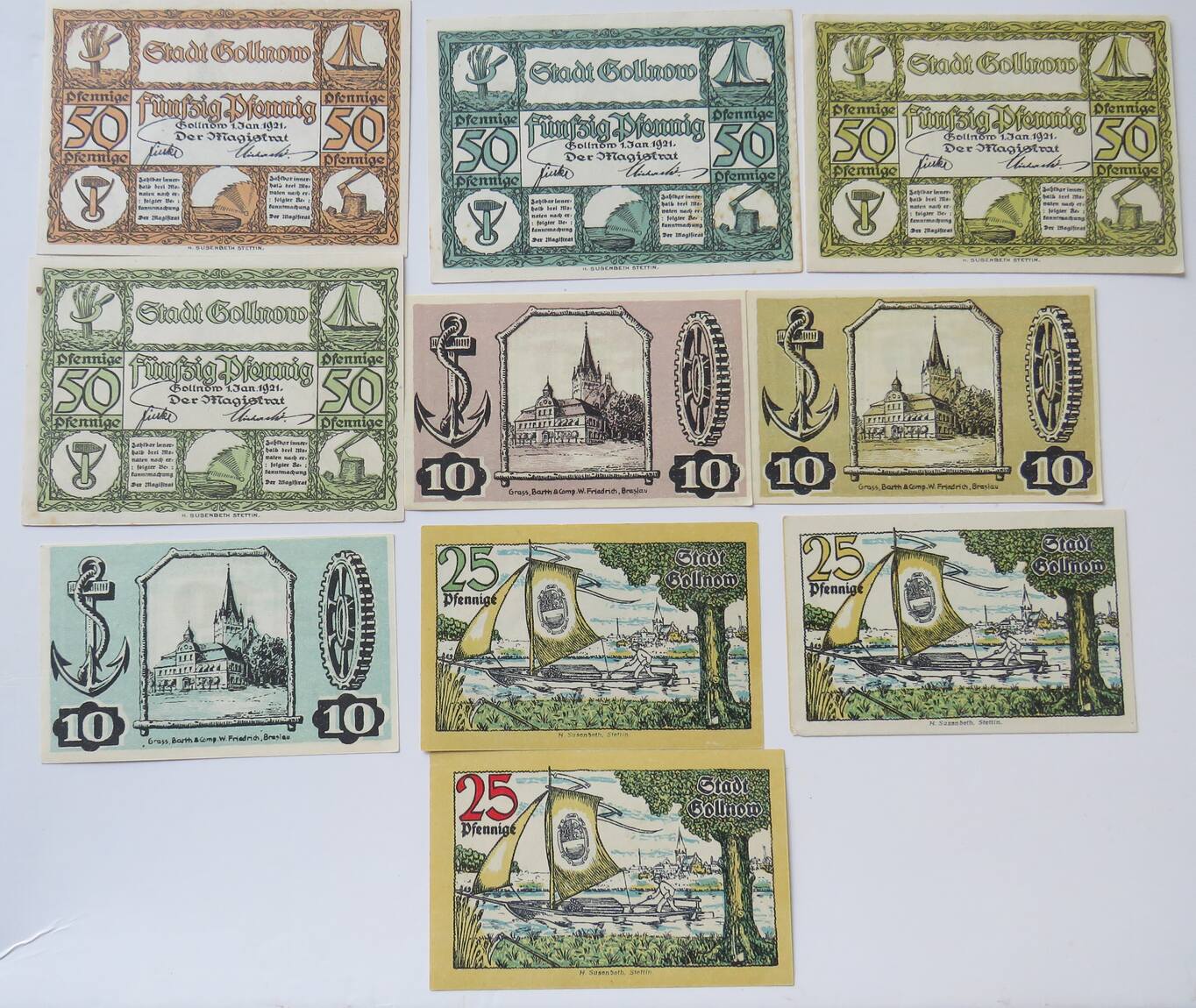 gollnow-goleniow-pommern-4-x-50-3-x-25-3-x-10-pfennig-1921-stadt