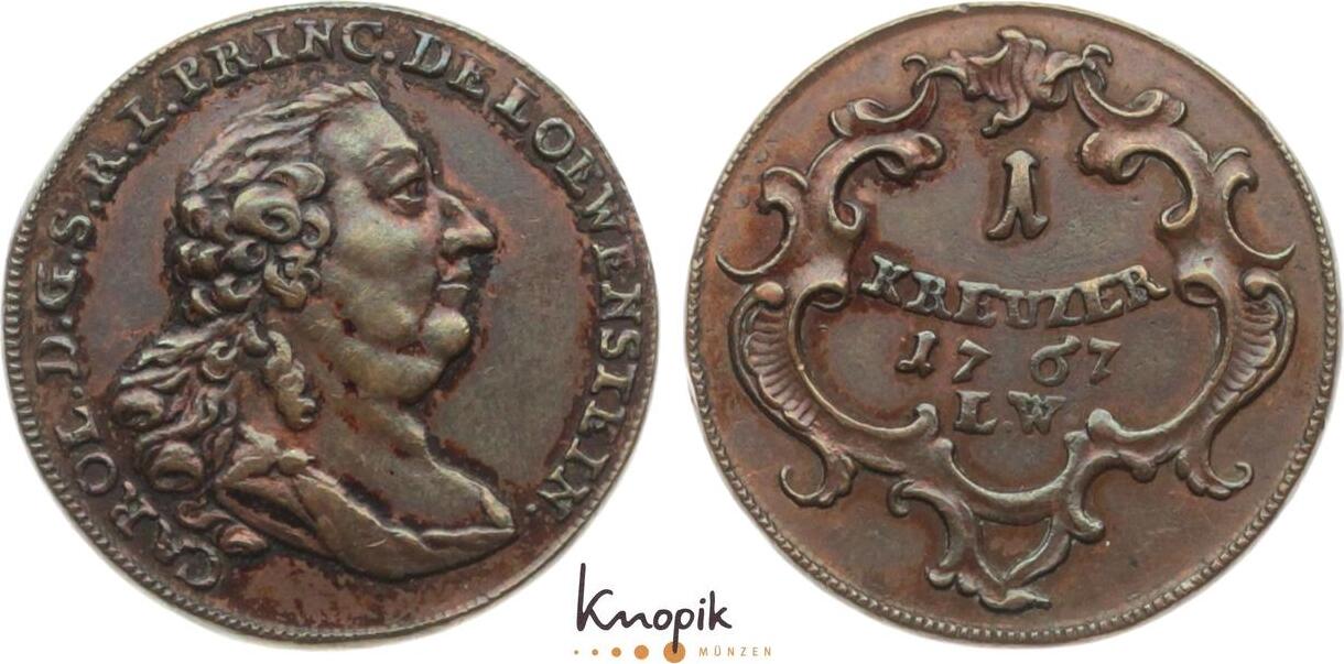 LöwensteinWertheimRochefort Cu Kreuzer 1767 LW Karl Thomas 17351789