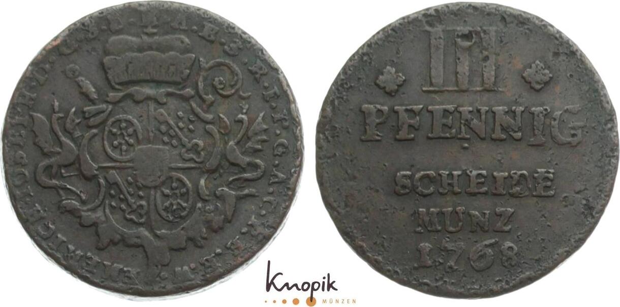 Mainz, Erzbistum Cu 3 Pfennig 1768 Emmerich Joseph von Breitbach