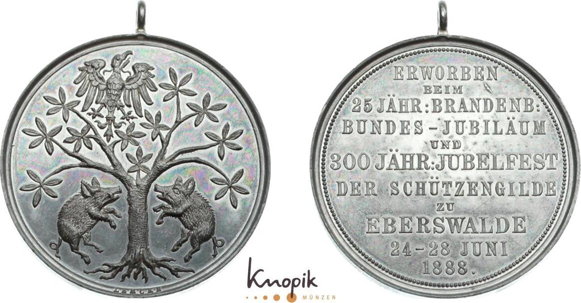 Schützenmedaillen Tragbare Silbermedaille 1888 Eberswalde zaponiert, kl