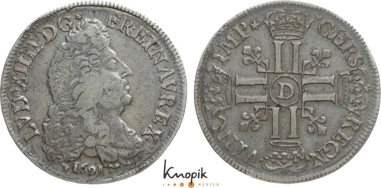 Frankreich 1/2 Ecu aux 8 L 1691 D Ludwig XIV. 16431715. sehr schön