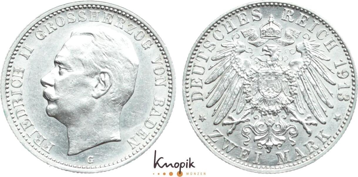 Baden 2 Mark 1913 G Friedrich II. 1907-1918. Sehr Schön-vorzüglich ...