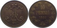 Finnland 10 Penniä Alexander III. von Rußland 1881-1894.