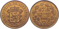 Luxemburg Cu 2 1/2 Centimes Adolph 1890-1905.