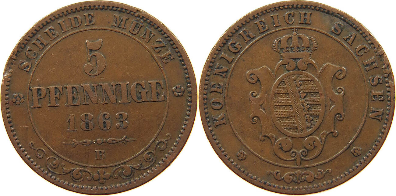 SACHSEN ALBERTINISCHE LINIE 5 PFENNIG 1863 B Johann 1854-1873. SS- | MA ...