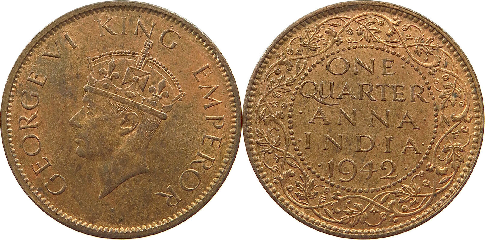 INDIA BRITISH 1 4 ANNA 1942 C George VI 1936 1952 VZ MA Shops INDIA BRITISH 1 4 ANNA 1942 C George VI 1936 1952 VZ MA Shops