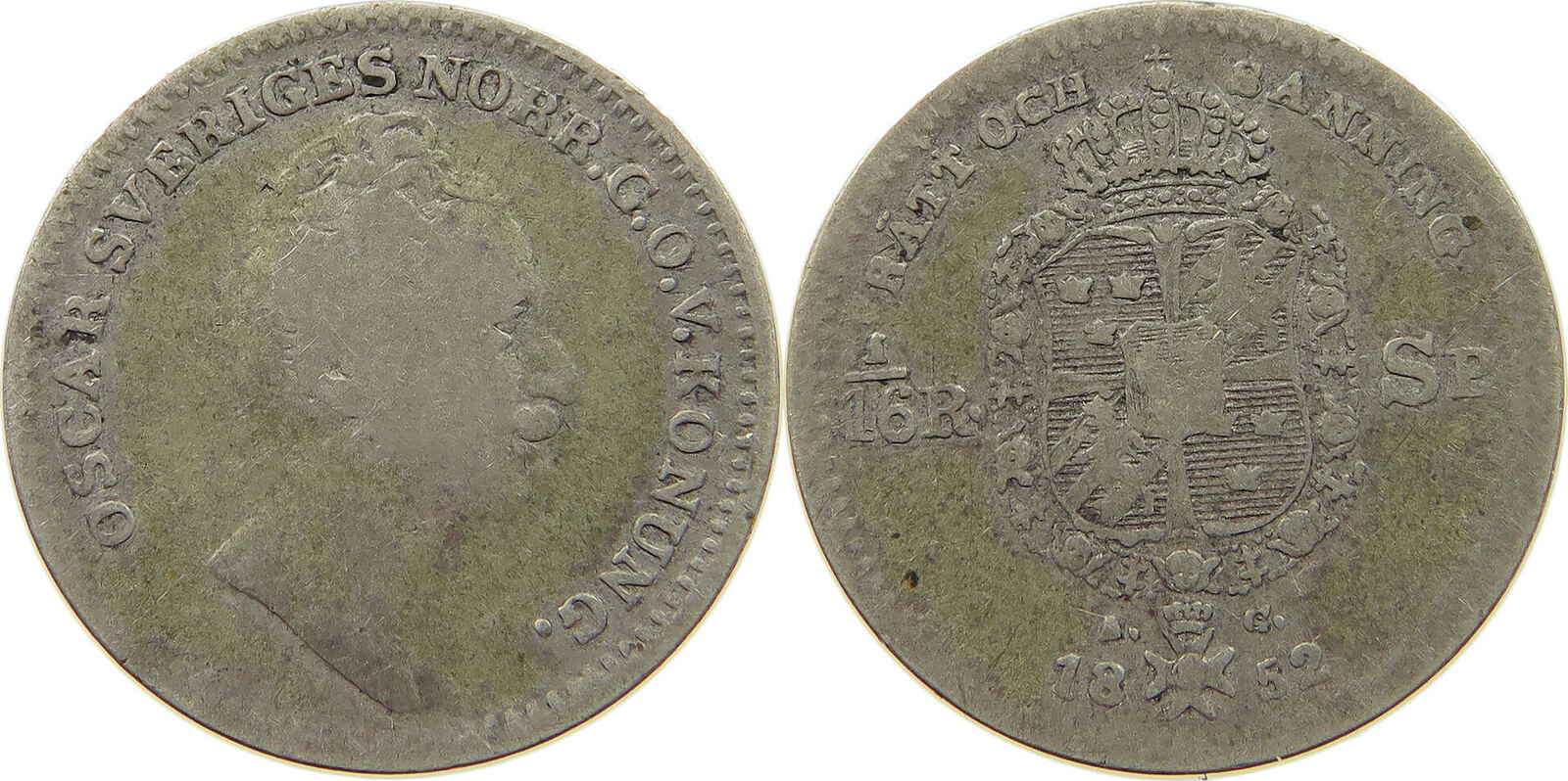 SWEDEN 1/16 RIKSDALER 1852 Oscar I. (1844-1859) S | MA-Shops