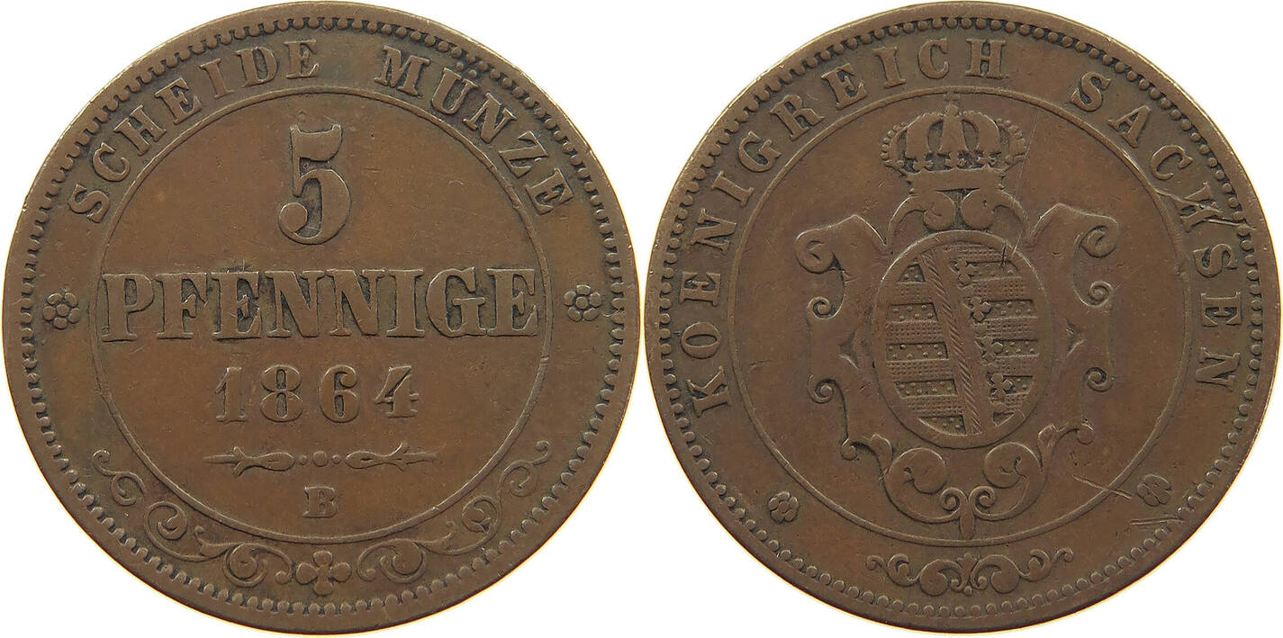 SACHSEN ALBERTINISCHE LINIE 5 PFENNIG 1864 B Johann (1854-1873) SS | MA ...