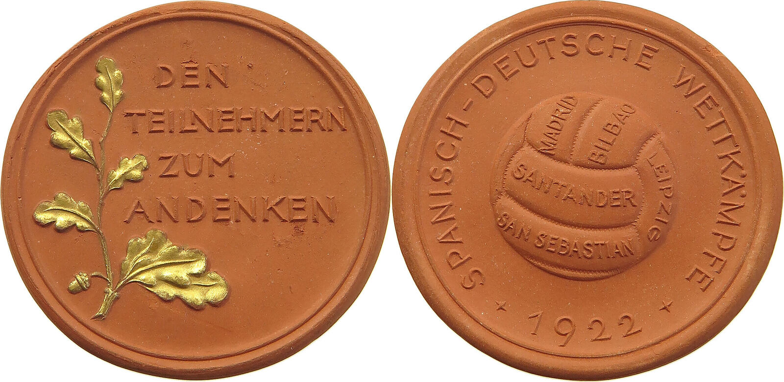 PORZELLAN MEDAILLE 1922 SpanischDeutsche Wettkämpfe im Fußball VZ MA