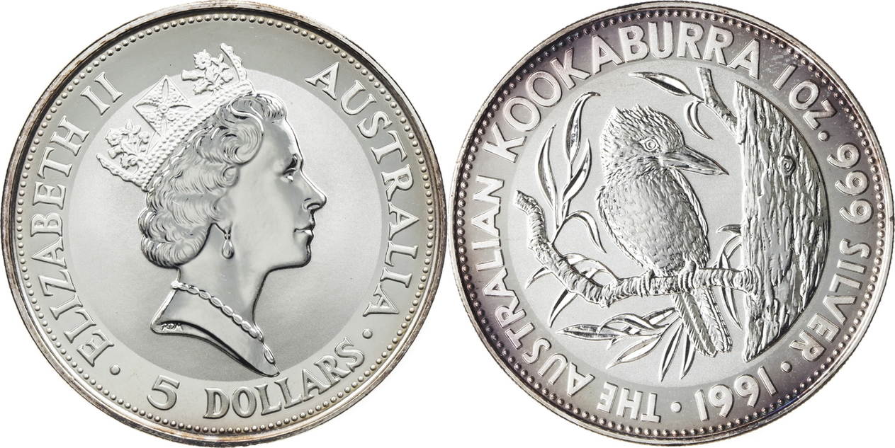 Australien 5 Dollars 1991 Elizabeth II. - Kookaburra st im orig. Kapsel ...