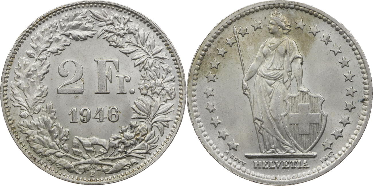 Schweiz 2 Franken 1946 B Helvetia - Kursmünze (1874-1967) Vz-st | MA-Shops