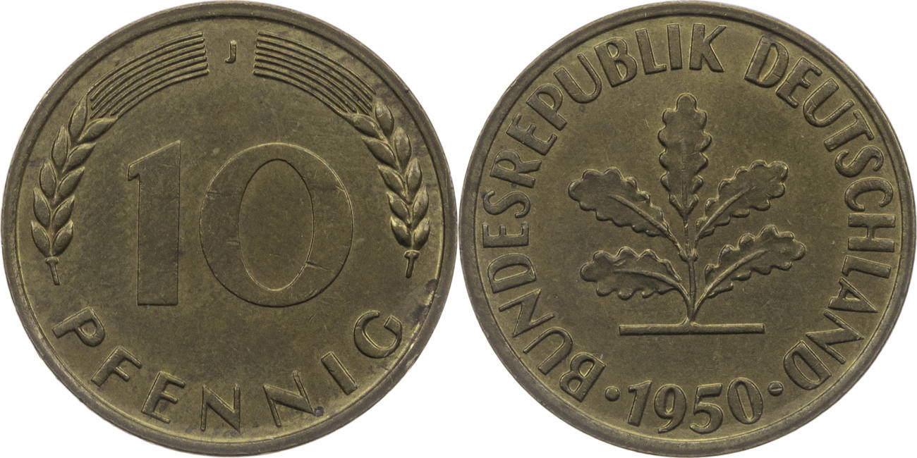 Bundesrepublik Deutschland 10 Pfennig 1950 J Kursmünze vz