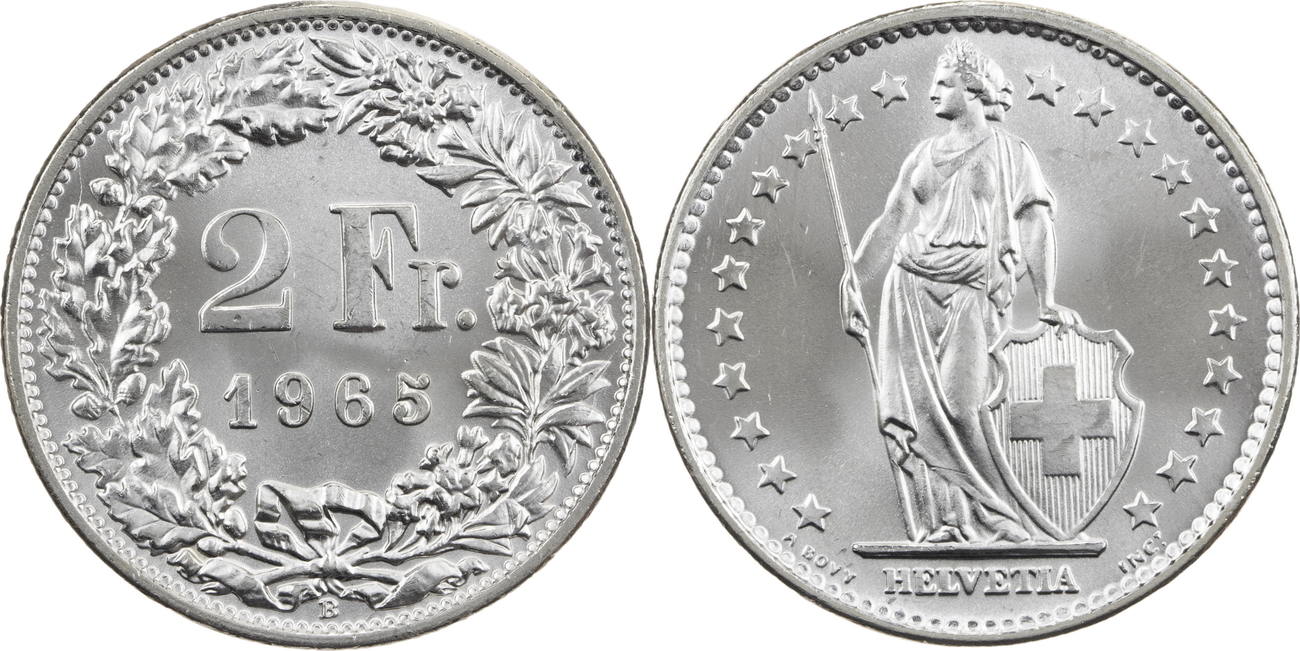 Schweiz 2 Franken 1965 B Helvetia - Kursmünze (1874-1967) Vz-st | MA-Shops