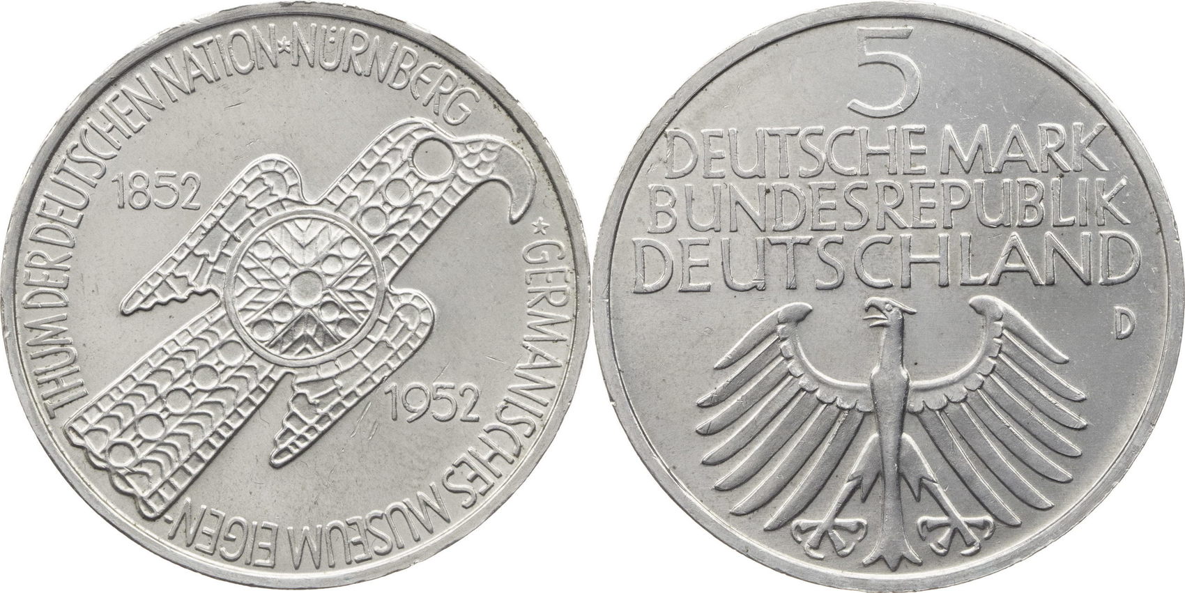 Bundesrepublik Deutschland 5 DM 1952 D Germanisches Museum vz, Kratzer
