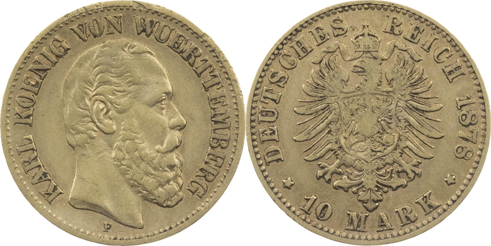 Kaiserreich Württemberg 10 Mark 1878 F Karl von Württemberg sss MA