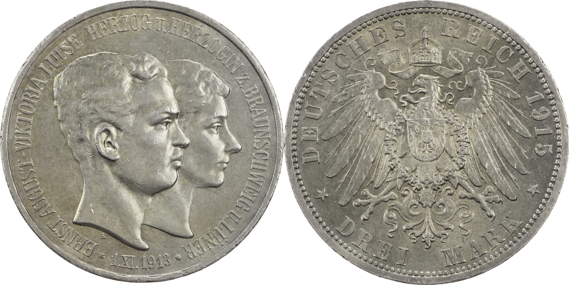 Kaiserreich, Braunschweig 3 Mark 1915 A Ernst August (19131918) Zum