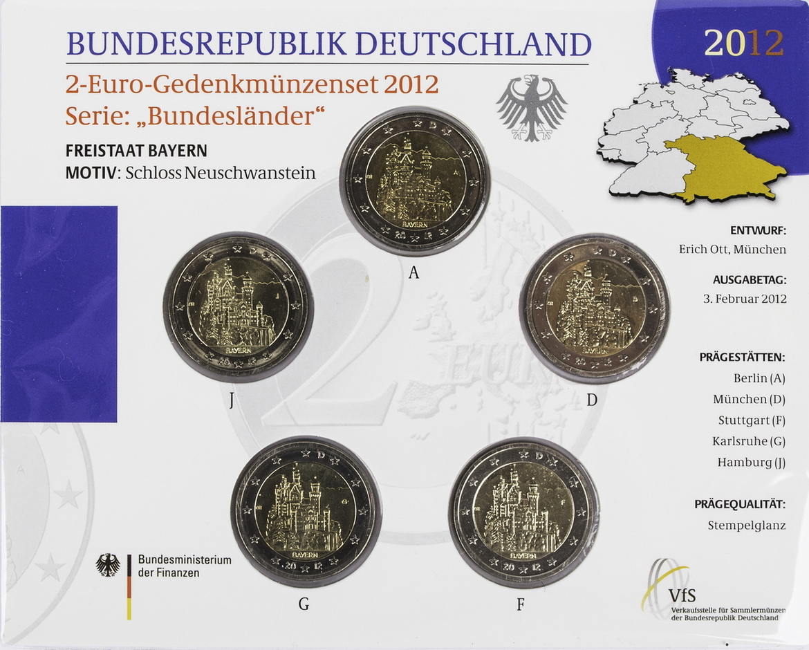 Bundesrepublik Deutschland 5 x 2 Euro 2012 ADFGJ 2 Euro Länderserie Bayern st Bundesrepublik Deutschland 5 x 2 Euro 2012 ADFGJ 2 Euro Länderserie Bayern st