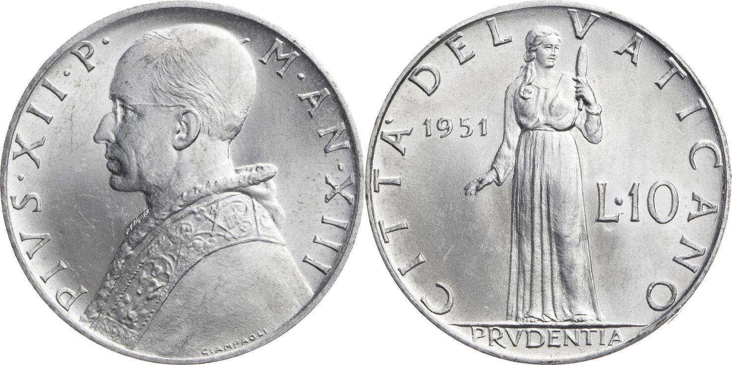 Vatikan 10 Lire 1951 Pius XII. (19391958) Kursmünze (19511958) vz
