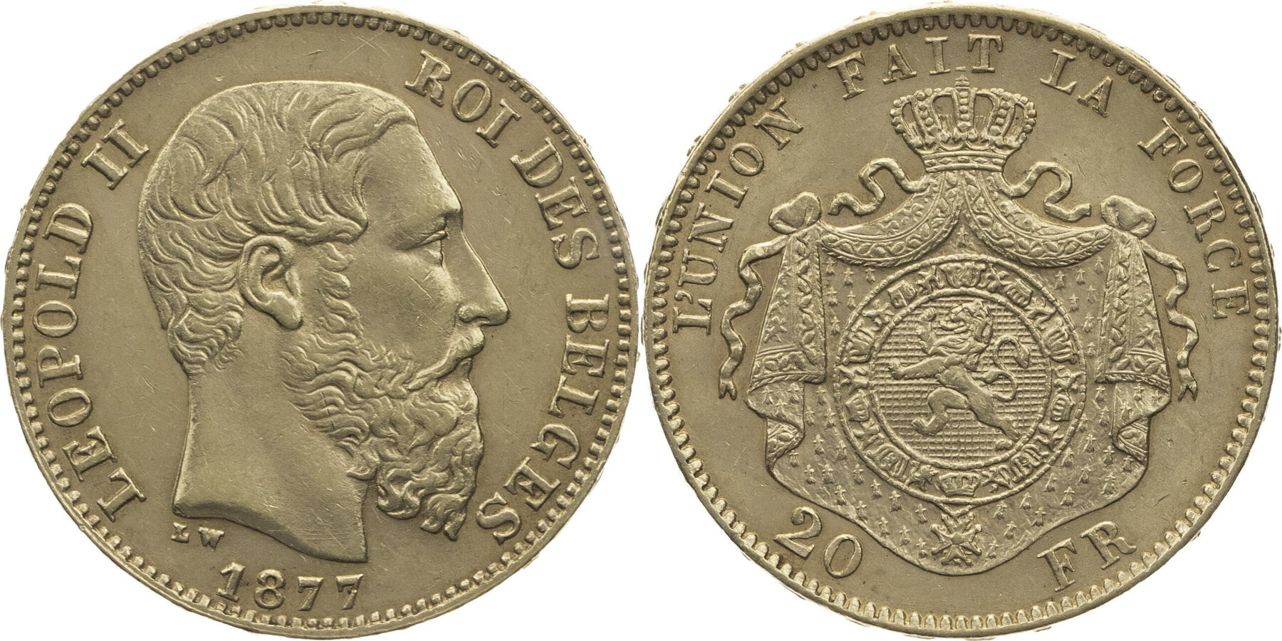 Belgien 20 Francs 1877 Leopold II. (1865-1909) - Kursmünze (1870-1882