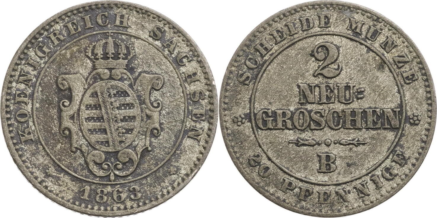 Sachsen, Albertinische Linie 20 Pfennige (2 Neugroschen) 1863 B Johann ...