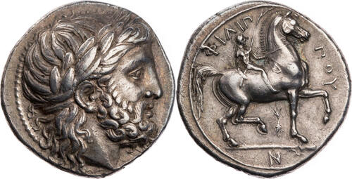 Makedonien, Königreich Tetradrachme 342-336 v. Chr. Philippos II., Kopf des Zeus / Reiter mit Palmzw