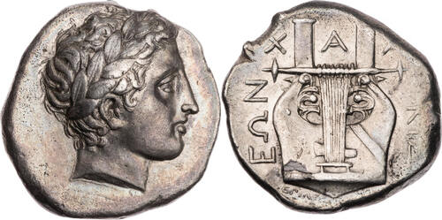 Makedonien, Chalkidische Liga Tetradrachme 364-348 v. Chr. Olynth, Magistrat Leades, Kopf des Apollo