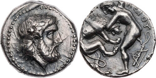 Paionien Tetradrachme 356-335 v. Chr. Lykkeios, Kopf des Zeus / Herakles im Kampf mit dem nemeischen