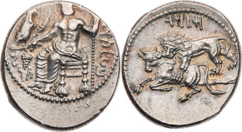 Kilikien Stater 361-334 v. Chr. Tarsos, Satrap Mazaios, Baaltars / Tierkampfszene mit Löwe und Stier