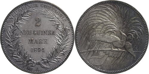 Deutsch-Neuguinea 2 Neu-Guinea Mark 1894 A Wilhelm II. (1888-1918) - Kursmünze ss-vz, Patina
