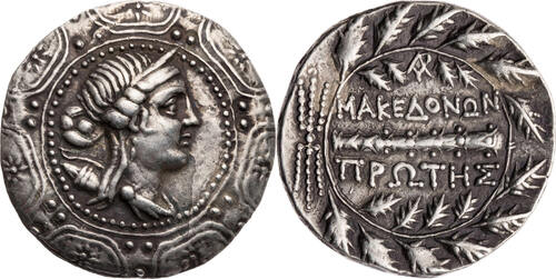 Makedonien als römisches Protektorat Tetradrachme 158-150 v. Chr. Büste der Artemis / Keule in Kranz